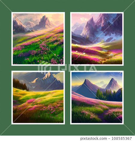 Spring landscape in village with green field and sunset set of four posters, flat cartoon countryside with mountain and forest, blue sky, natural countryside scene, sunny day summer Spring landscape in village with green field and sunset set of four posters, flat cartoon countryside with mountain and forest, blue sky, natural countryside scene, sunny day summer 108585367