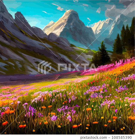 Spring landscape in village with green field and sunset, flat cartoon countryside with mountain and forest, blue sky, natural scene in countryside, sunny day summer Spring landscape in village with green field and sunset, flat cartoon countryside with mountain and forest, blue sky, natural scene in countryside, sunny day summer 108585390