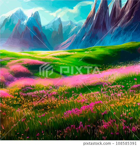Spring landscape in village with green field and sunset, flat cartoon countryside with mountain and forest, blue sky, natural scene in countryside, sunny day summer 108585391