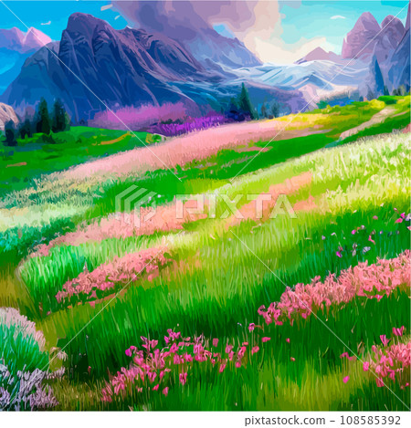 Spring landscape in village with green field and sunset, flat cartoon countryside with mountain and forest, blue sky, natural scene in countryside, sunny day summer 108585392