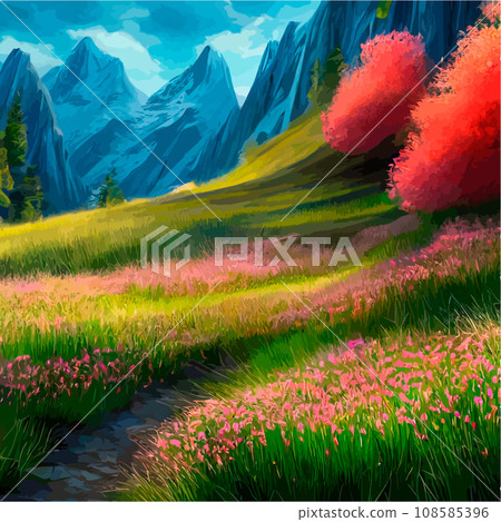Spring landscape in village with green field and sunset, flat cartoon countryside with mountain and forest, blue sky, natural scene in countryside, sunny day summer 108585396