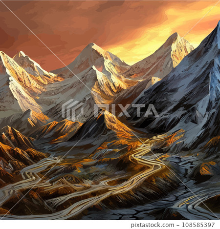 Realistic illustration mountain landscape with a hill forest with coniferous trees, under blue winter sky with space for text. Gray mountains forest retro vintage background illustration. Realistic illustration mountain landscape with a hill forest with coniferous trees, under blue winter sky with space for text. Gray mountains forest retro vintage background illustration. 108585397