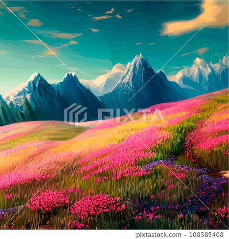 Spring landscape in village with green field and sunset, flat cartoon countryside with mountain and forest, blue sky, natural scene in countryside, sunny day summer Spring landscape in village with green field and sunset, flat cartoon countryside with mountain and forest, blue sky, natural scene in countryside, sunny day summer 108585408