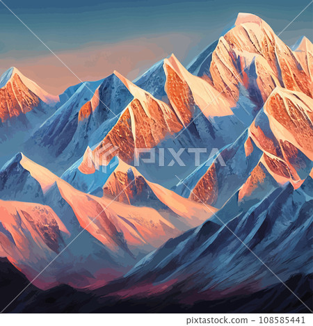 Realistic illustration mountain landscape with a hill forest with coniferous trees, under blue winter sky with space for text. Gray mountains forest retro vintage background illustration. 108585441