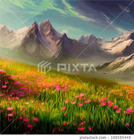 Spring landscape in village with green field and sunset, flat cartoon countryside with mountain and forest, blue sky, natural scene in countryside, sunny day summer Spring landscape in village with green field and sunset, flat cartoon countryside with mountain and forest, blue sky, natural scene in countryside, sunny day summer 108585449