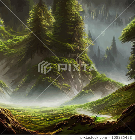 Nature and landscape. illustration trees, forests, mountains, plants. Image for background, card or cover. Illustration. Natural landscape with spruce trees. Modern minimal abstract background 108585458