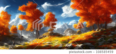 Autumn landscape with trees, mountains. Rural landscape. Autumn background. illustration . beautiful natural for thanksgiving day banner. Minimalist style. flat design Autumn landscape with trees, mountains. Rural landscape. Autumn background. illustration . beautiful natural for thanksgiving day banner. Minimalist style. flat design 108585459