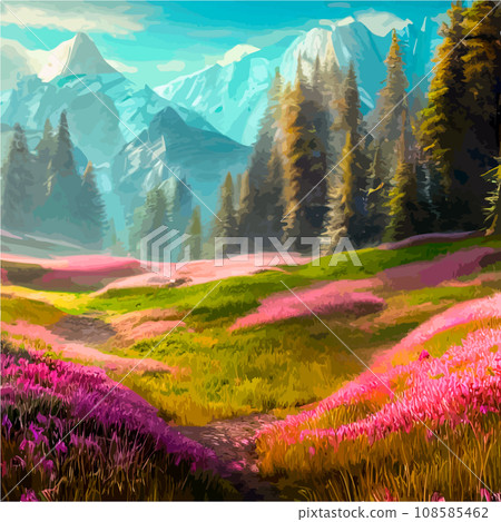 Spring landscape in village with green field and sunset, flat cartoon countryside with mountain and forest, blue sky, natural scene in countryside, sunny day summer 108585462