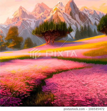 Spring landscape in village with green field and sunset, flat cartoon countryside with mountain and forest, blue sky, natural scene in countryside, sunny day summer Spring landscape in village with green field and sunset, flat cartoon countryside with mountain and forest, blue sky, natural scene in countryside, sunny day summer 108585472