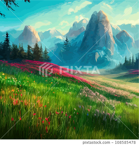 Spring landscape in village with green field and sunset, flat cartoon countryside with mountain and forest, blue sky, natural scene in countryside, sunny day summer 108585478