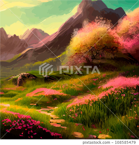 Spring landscape in village with green field and sunset, flat cartoon countryside with mountain and forest, blue sky, natural scene in countryside, sunny day summer Spring landscape in village with green field and sunset, flat cartoon countryside with mountain and forest, blue sky, natural scene in countryside, sunny day summer 108585479