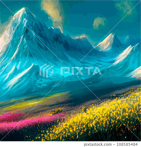 Spring landscape in village with green field and sunset, flat cartoon countryside with mountain and forest, blue sky, natural scene in countryside, sunny day summer 108585484