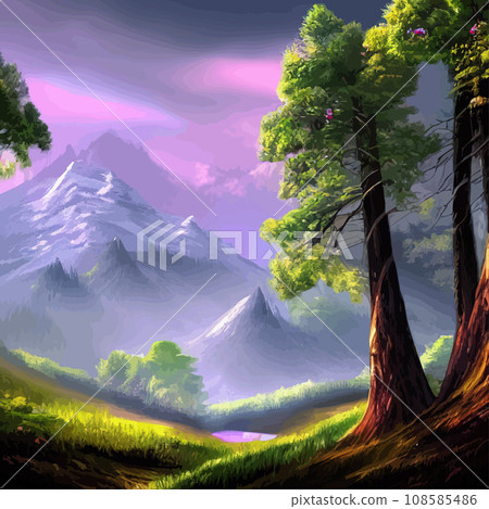 Nature and landscape. illustration trees, forests, mountains, plants. Image for background, card or cover. Illustration. Natural landscape with spruce trees. Modern minimal abstract background Nature and landscape. illustration trees, forests, mountains, plants. Image for background, card or cover. Illustration. Natural landscape with spruce trees. Modern minimal abstract background 108585486