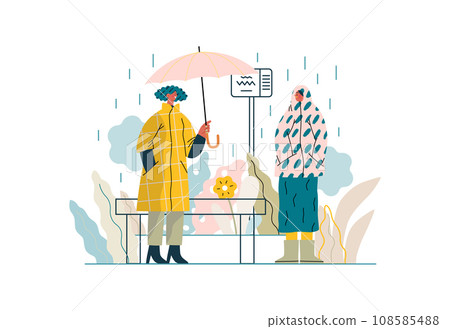 Mutual Support: Offer an umbrella to a stranger -modern flat vector concept illustration of a at a bus stop in the rain offering an umbrella A metaphor of voluntary, collaborative exchanges 108585488