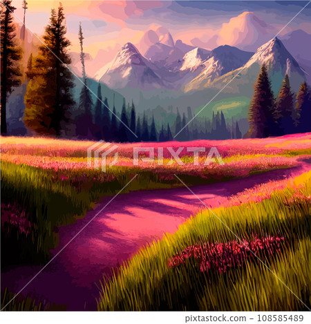Spring landscape in village with green field and sunset, flat cartoon countryside with mountain and forest, blue sky, natural scene in countryside, sunny day summer Spring landscape in village with green field and sunset, flat cartoon countryside with mountain and forest, blue sky, natural scene in countryside, sunny day summer 108585489