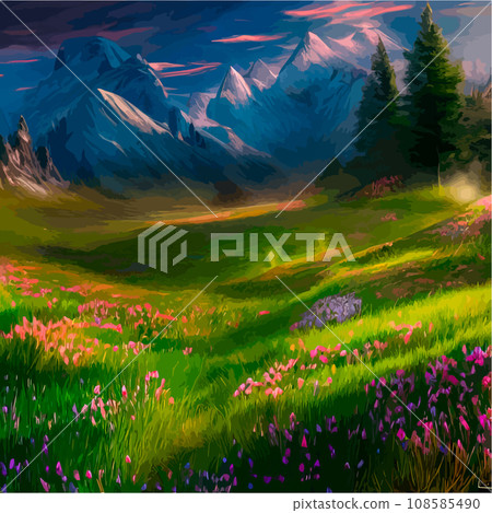 Spring landscape in village with green field and sunset, flat cartoon countryside with mountain and forest, blue sky, natural scene in countryside, sunny day summer Spring landscape in village with green field and sunset, flat cartoon countryside with mountain and forest, blue sky, natural scene in countryside, sunny day summer 108585490