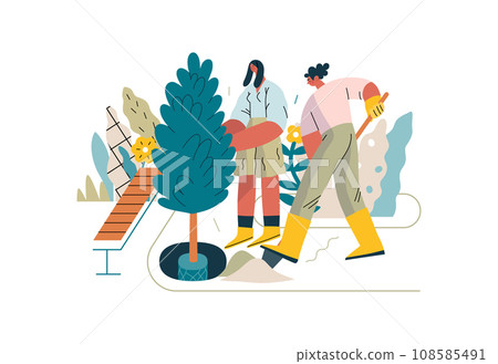 Mutual Support: Community yard improvement -modern flat vector concept illustration of people planting trees and plants A metaphor of voluntary, collaborative exchanges of resource, services Mutual Support: Community yard improvement -modern flat vector concept illustration of people planting trees and plants A metaphor of voluntary, collaborative exchanges of resource, services 108585491