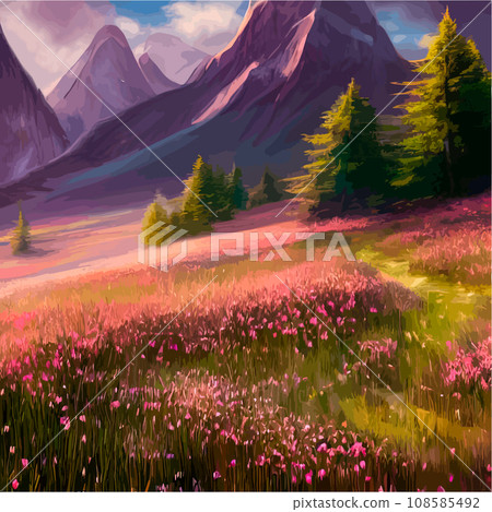 Spring landscape in village with green field and sunset, flat cartoon countryside with mountain and forest, blue sky, natural scene in countryside, sunny day summer 108585492