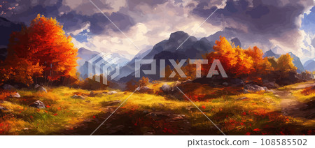 Autumn landscape with trees, mountains. Rural landscape. Autumn background. illustration . beautiful natural for thanksgiving day banner. Minimalist style. flat design Autumn landscape with trees, mountains. Rural landscape. Autumn background. illustration . beautiful natural for thanksgiving day banner. Minimalist style. flat design 108585502