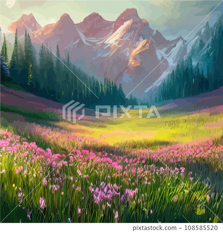 Spring landscape in village with green field and sunset, flat cartoon countryside with mountain and forest, blue sky, natural scene in countryside, sunny day summer 108585520