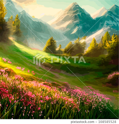 Spring landscape in village with green field and sunset, flat cartoon countryside with mountain and forest, blue sky, natural scene in countryside, sunny day summer Spring landscape in village with green field and sunset, flat cartoon countryside with mountain and forest, blue sky, natural scene in countryside, sunny day summer 108585528