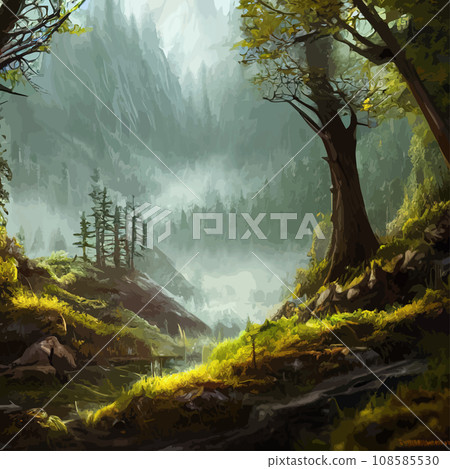 Nature and landscape. illustration trees, forests, mountains, plants. Image for background, card or cover. Illustration. Natural landscape with spruce trees. Modern minimal abstract background Nature and landscape. illustration trees, forests, mountains, plants. Image for background, card or cover. Illustration. Natural landscape with spruce trees. Modern minimal abstract background 108585530