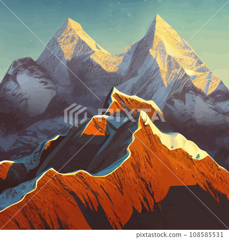 Realistic illustration mountain landscape with a hill forest with coniferous trees, under blue winter sky with space for text. Gray mountains forest retro vintage background illustration. 108585531