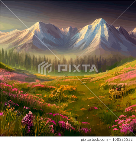 Spring landscape in village with green field and sunset, flat cartoon countryside with mountain and forest, blue sky, natural scene in countryside, sunny day summer Spring landscape in village with green field and sunset, flat cartoon countryside with mountain and forest, blue sky, natural scene in countryside, sunny day summer 108585532