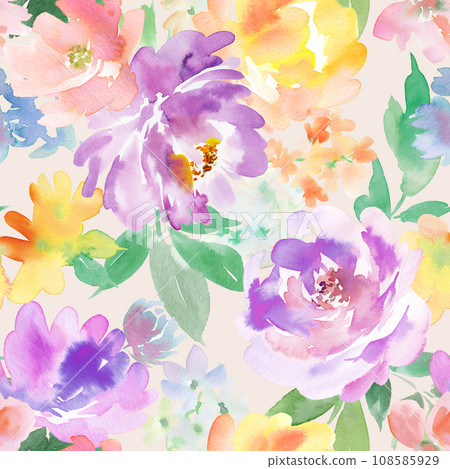 Seamless pattern of purple peony and flowers painted in watercolor 108585929