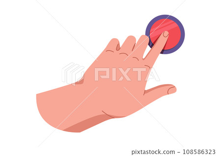 Hand pushing and pressing button. Finger pressing button. Turn on and off. Launch, start, control concept. Vector illustration EPS10 Hand pushing and pressing button. Finger pressing button. Turn on and off. Launch, start, control concept. Vector illustration EPS10 108586323
