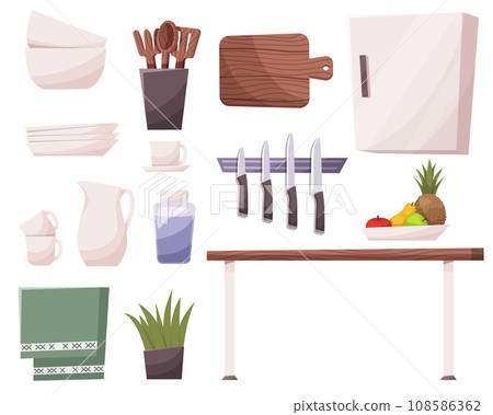 Kitchen room furniture cartoon vector interior illustration. Fridge, table and modern cooking equipment set for living in house. Vector illustration EPS10 108586362