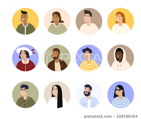 Modern circle avatars set. Characters faces, head portraits. Women and men heads in flat style. Vector illustration EPS10 Modern circle avatars set. Characters faces, head portraits. Women and men heads in flat style. Vector illustration EPS10 108586364