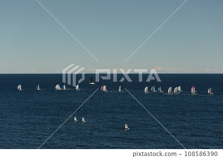 A lot of sail boats and yachts in the sea went on a sailing trip near port Hercules in Monaco, Monte Carlo, sail regatta, race A lot of sail boats and yachts in the sea went on a sailing trip near port Hercules in Monaco, Monte Carlo, sail regatta, race 108586390