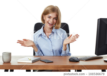 happy business woman manager spread hands sideways and smiling at office. surprised to see you happy business woman manager spread hands sideways and smiling at office. surprised to see you 108586679