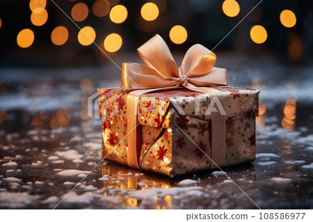 a gift box in city street in winter, exteriors of the house are decorated for Christmas or New Year's holiday, street lights, a fairy-tale environment 108586977