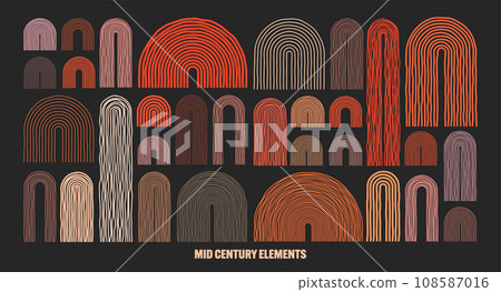 Mid century arch elements, modern geometric shapes. Contemporary design, minimalist art. Hand drawn lines. Trendy design elements for wall decor, posters, books and covers. Vector illustration 108587016