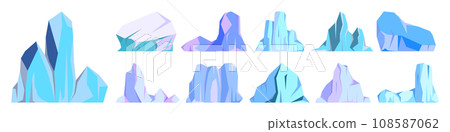 Floating icebergs collection. Drifting arctic glacier, block of frozen ocean water. Icy mountains with snow. Melting ice peak. Antarctic snowy landscape. South and North Pole. Vector illustration. 108587062