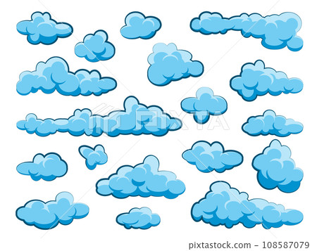 Painted cartoon clouds on blue background. Simple hand drawn round cloud, summer sky panorama, cloudscape. Flat design. Vector illustration 108587079