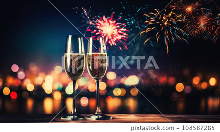 Two champagne glasses with sparkling wine against a backdrop of fireworks in the night sky. Festive atmosphere of New Year's parties, weddings or anniversaries 108587285