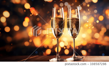 Champagne glasses filled with effervescent wine set against backdrop of bokeh in the night sky, creating a festive ambiance. Toasts, celebrations, and raising glasses to commemorate party 108587286