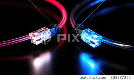 Close-Up of Two Cables with neon light on Black Surface. Technology and Communication, illustration of technological concepts, communication, data transmission, and electronics. Close-Up of Two Cables with neon light on Black Surface. Technology and Communication, illustration of technological concepts, communication, data transmission, and electronics. 108587293