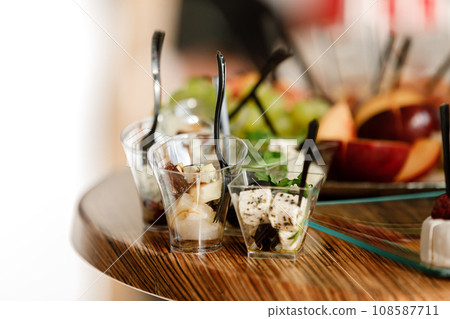 Catering. Food for parties, corporate parties, conferences, forums, banquets. different kinds of expensive cheeses with raspberries, olives. selective focus Catering. Food for parties, corporate parties, conferences, forums, banquets. different kinds of expensive cheeses with raspberries, olives. selective focus 108587711