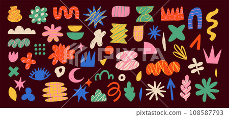 Hand drawn naive, bizarre abstract geometric shapes and forms. Modern contemporary figures, various Hand drawn naive, bizarre abstract geometric shapes and forms. Modern contemporary figures, various 108587793