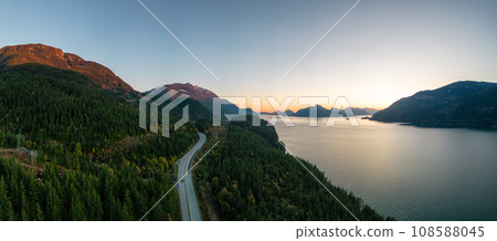 Sea to Sky Highway on West Coast of Pacific Ocean. Aerial Mountain Landscape. Twilight sky. 108588045