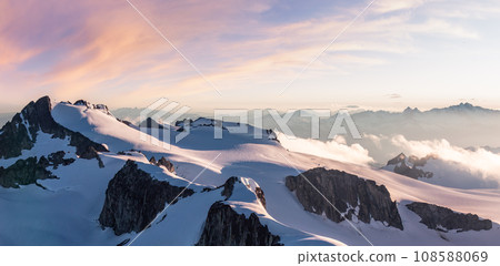Canadian Mountain Landscape. Aerial Panoramic View. Sunny Sunset. 108588069