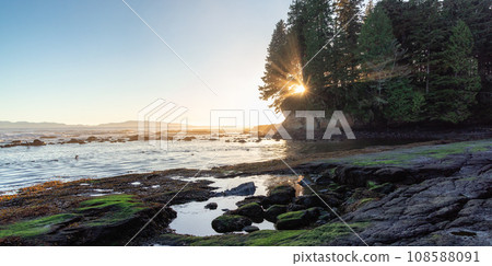 Rocky Shore on the Pacific Ocean Coast. Sunny Sunset. Nature Background 108588091