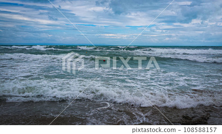 A fragment of the old town of Sozopol, Bulgaria. The sea after the rain 108588157