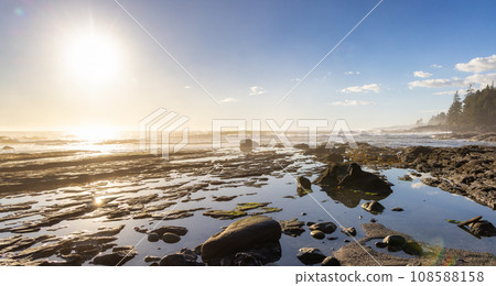 Rocky Shore on the Pacific Ocean Coast. Sunny Sunset. Nature Background 108588158