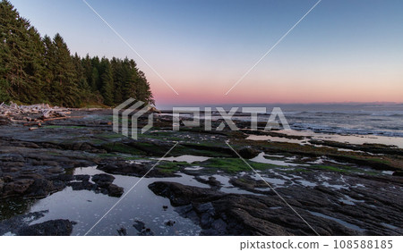 Rocky Shore on the Pacific Ocean Coast. Sunny Sunset. Nature Background 108588185