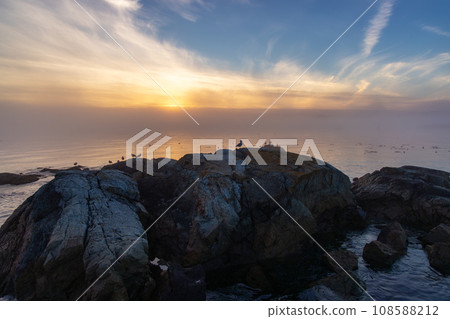 Rocky Shore on the Pacific Ocean Coast. Foggy Sunset. Victoria, Vancouver Island, BC, Canada. Rocky Shore on the Pacific Ocean Coast. Foggy Sunset. Victoria, Vancouver Island, BC, Canada. 108588212